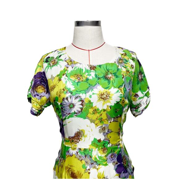 Blumarine Womens Size 4 Green Floral Silk Short Sleeve Dress - Picture 3 of 10